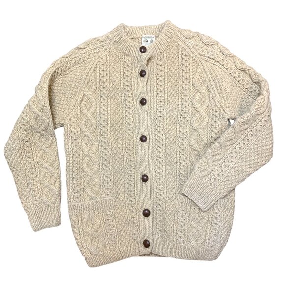 Irish Wool Cable Cardigan Sweater Knitted Fisherman Ireland Sz S Leather Buttons - Picture 1 of 13